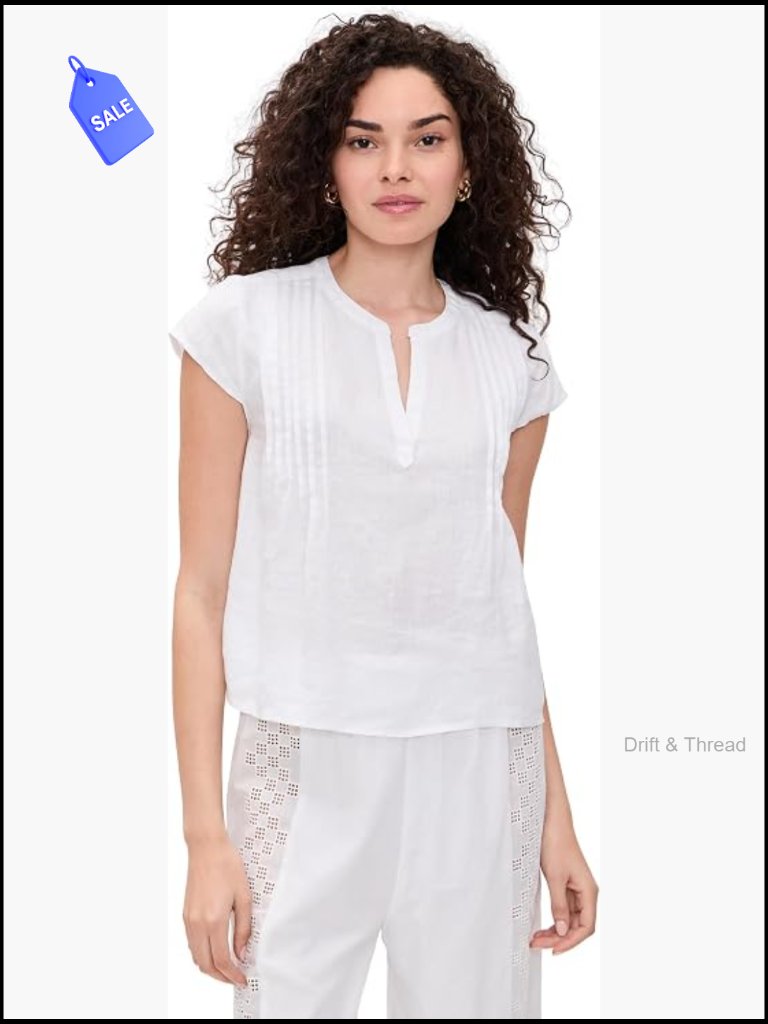 Linen Pintuck Blouse With Short Cap Sleeves
